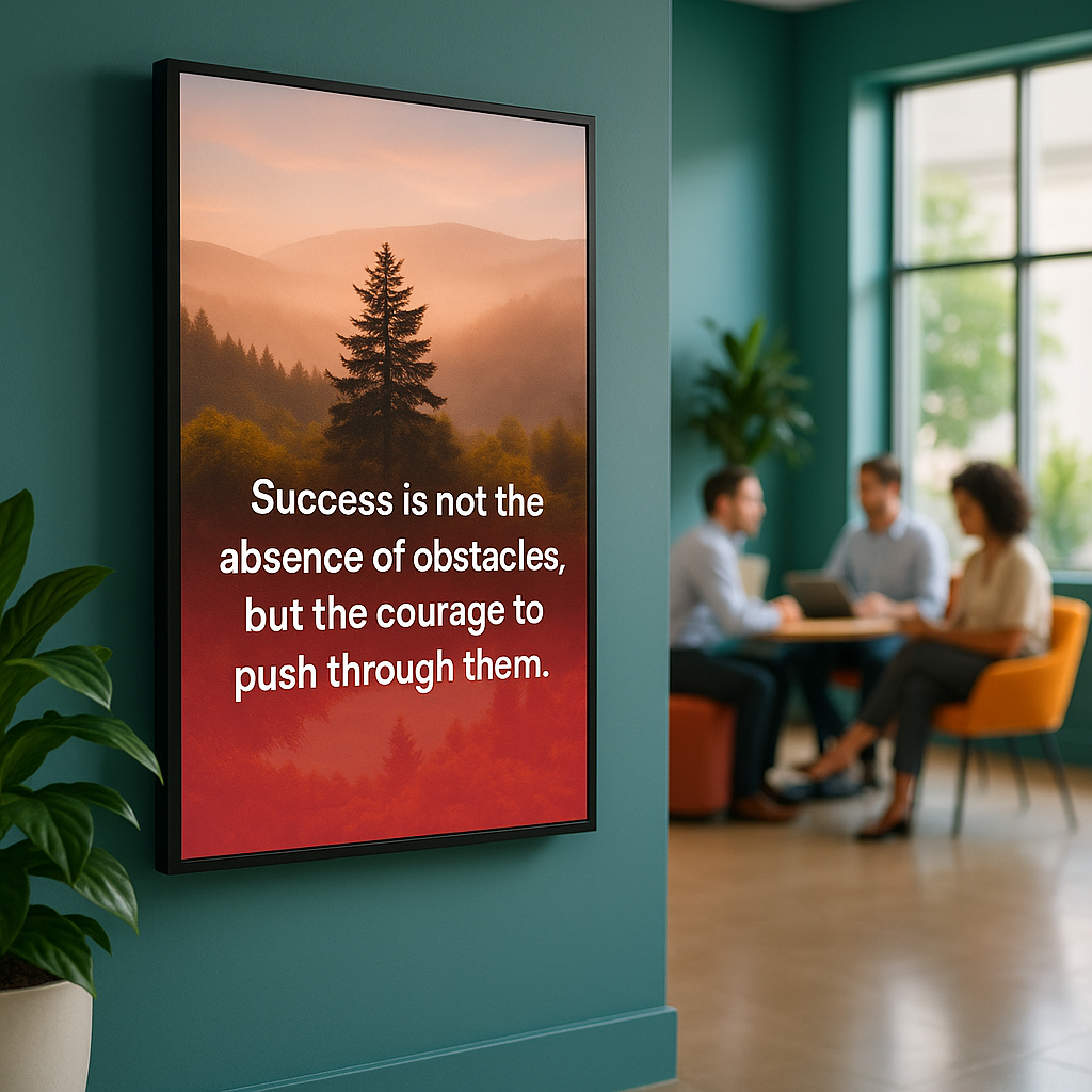 A modern break room with a digital signage screen showing a wellness-themed nature scene in red, black, and white, surrounded by blurred employees and plants.