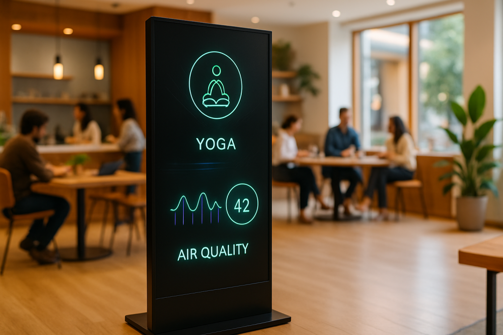A co-working space with a totem digital signage screen showcasing wellness icons in red, black, and white, surrounded by collaborating employees and greenery.