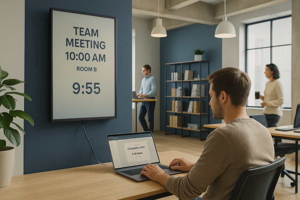 A modern office with a navy blue wall and digital signage showing ‘Team Meeting 10:00 AM’ in ivory on silver, clock at 9:55. An employee edits a ‘Congrats, John’ post on the Digisigns dashboard, linked by a silver cable. Sunlight, a plant, and coworkers with coffee add a lively vibe, with the Digisigns logo in the corner.