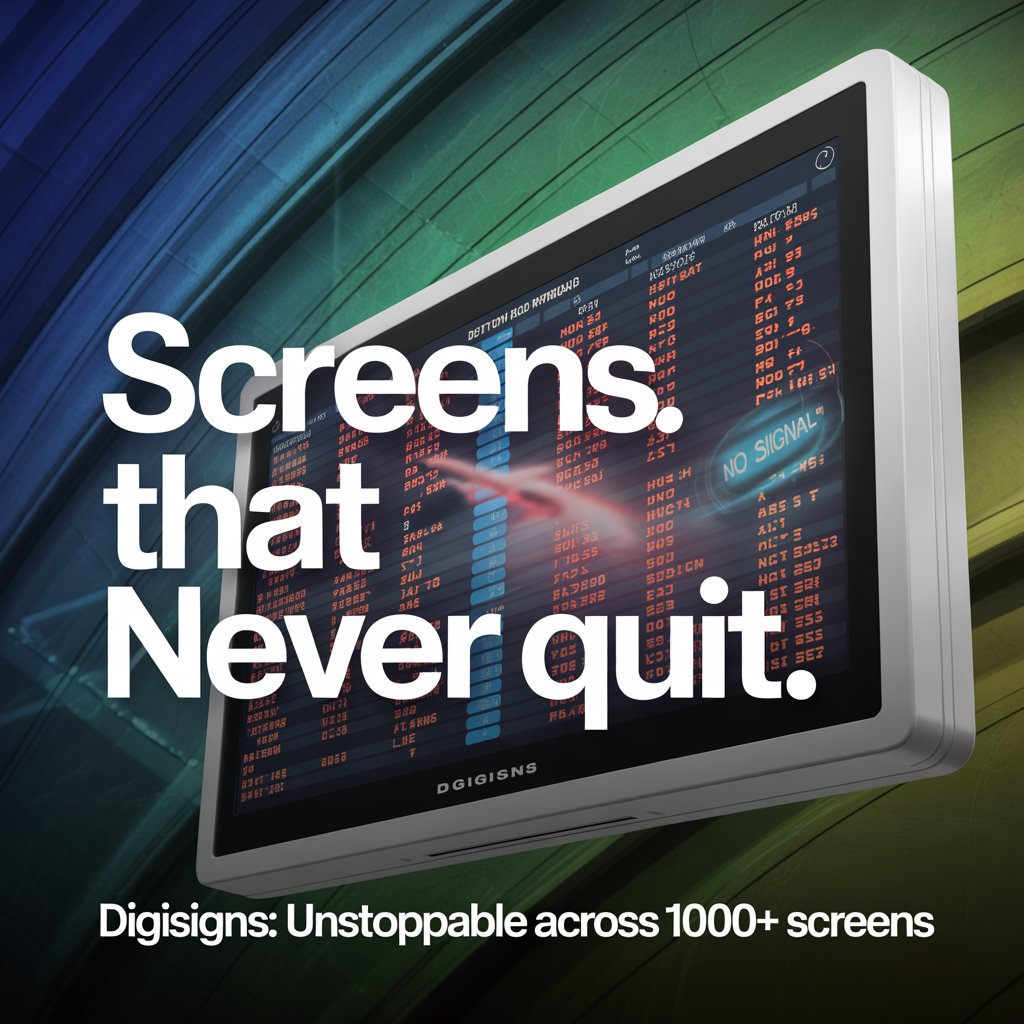 A vibrant digital screen in a busy airport terminal displays real-time flight updates in bold reds and blues, set against a sleek, tech-inspired background of deep blues and greens. A fading "No Signal" icon emphasizes reliability. Bold text reads "Screens That Never Quit," with a tagline "Digisigns: Unstoppable Across 1000+ Screens"