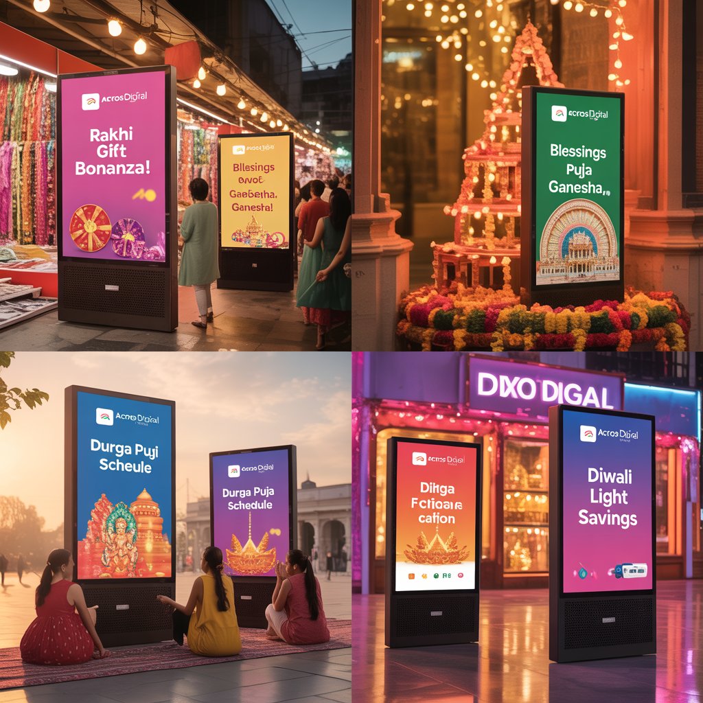 Digisigns festive digital signage in a market for Rakhi, temple for Ganesh Puja, pandal for Durga Puja, and store for Diwali, showing LED screens with gift ads, idol promotions, schedules, and light offers.