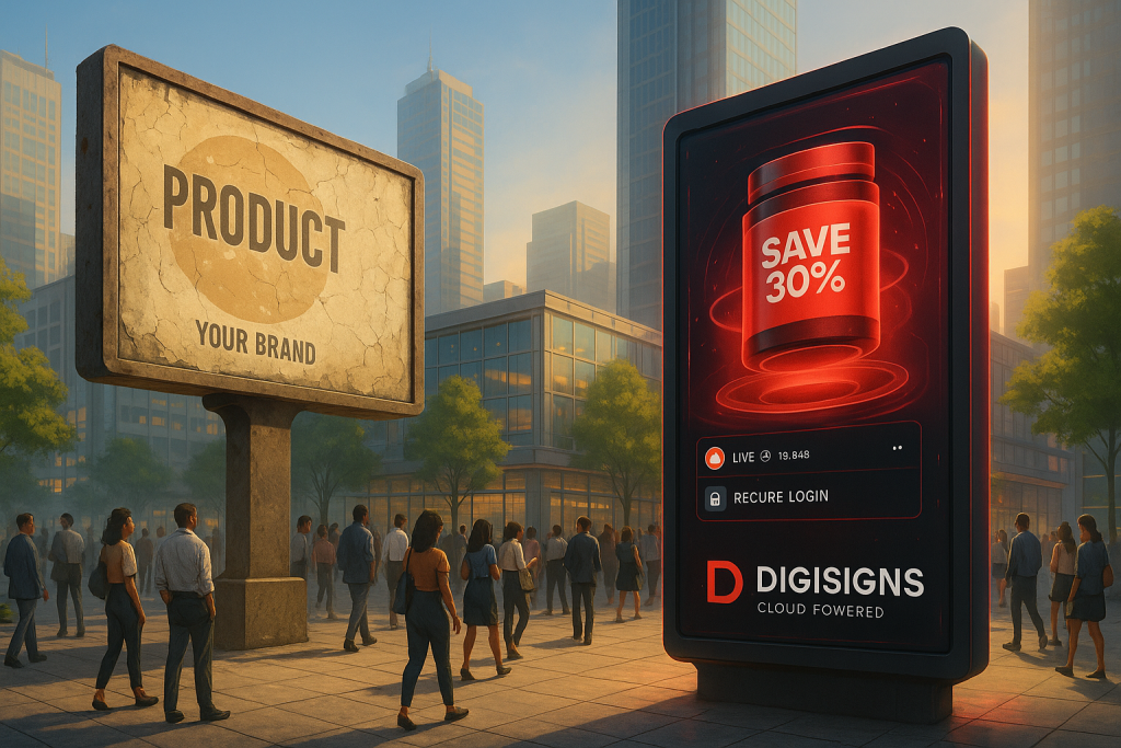 A futuristic plaza with a faded traditional billboard on the left and a vibrant Digisigns cloud-based screen on the right, showing a retail promotion with live feed and red, black, white branding, surrounded by a diverse crowd.