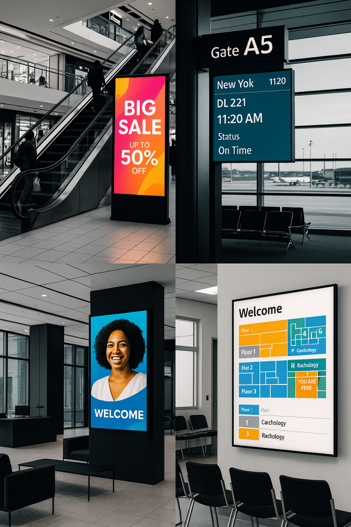 Collage of digital signage in mall, airport, office, and healthcare settings with Digisigns logo and growth arrow.