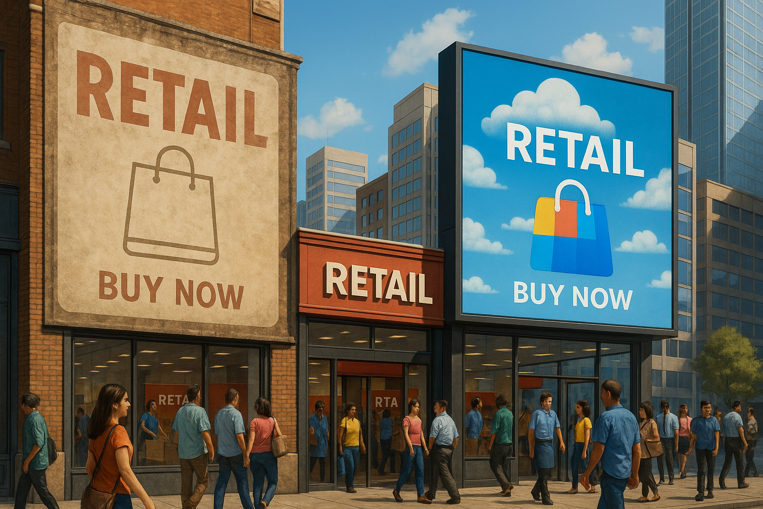 A cityscape with a faded traditional signboard on the left and a Digisigns cloud-based screen on the right showing a promotion, surrounded by shoppers and staff.