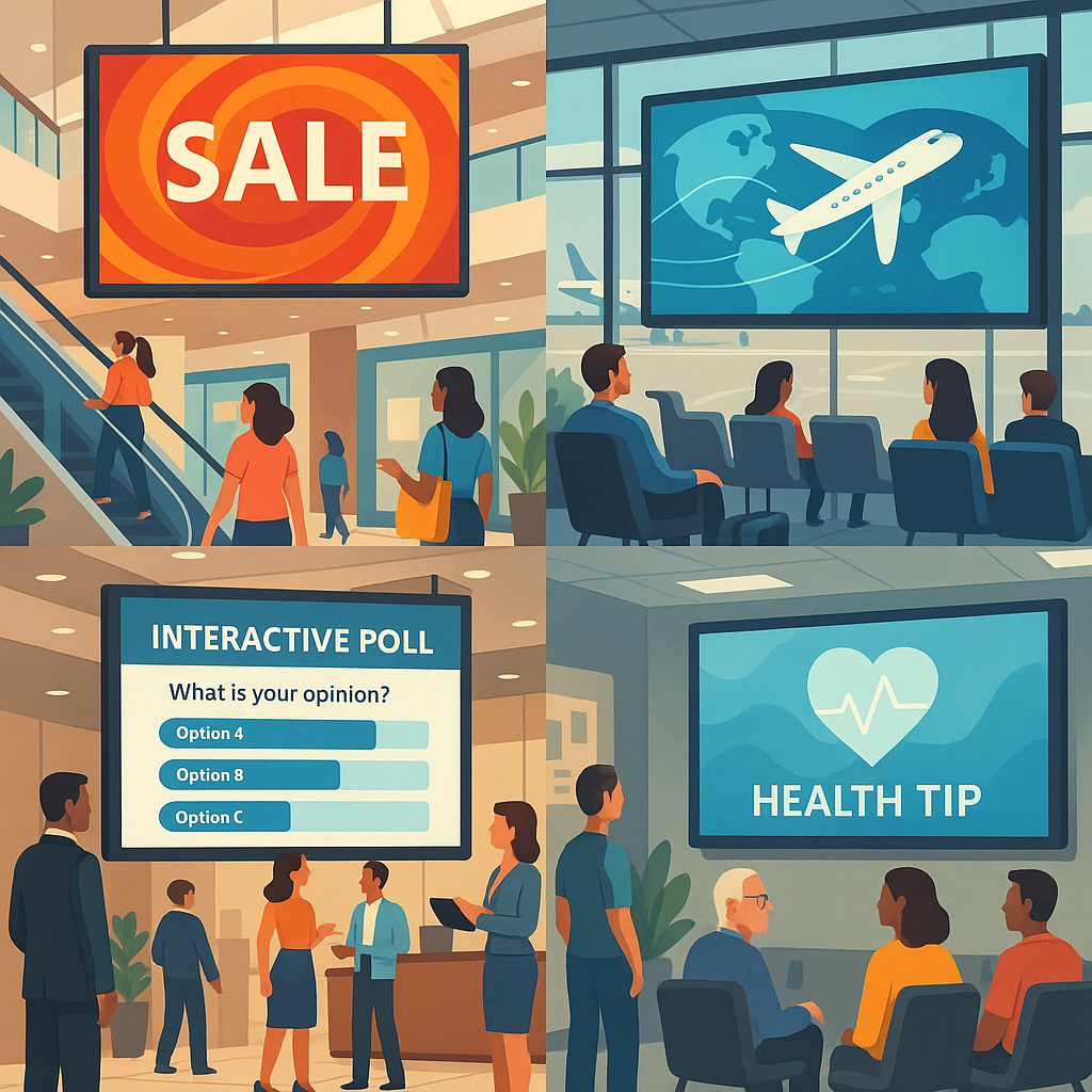 Montage of animated Digisigns screens in mall, airport, office, and healthcare with logo and brushstroke effect.