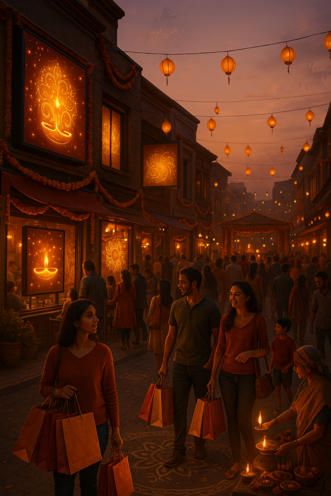 Bustling Diwali season shopping area with animated screens, diverse crowd, and festive decorations.