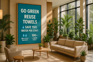 Sustainable digital signage Digisigns promoting green practices in hotel lobby to enhance guest experience.