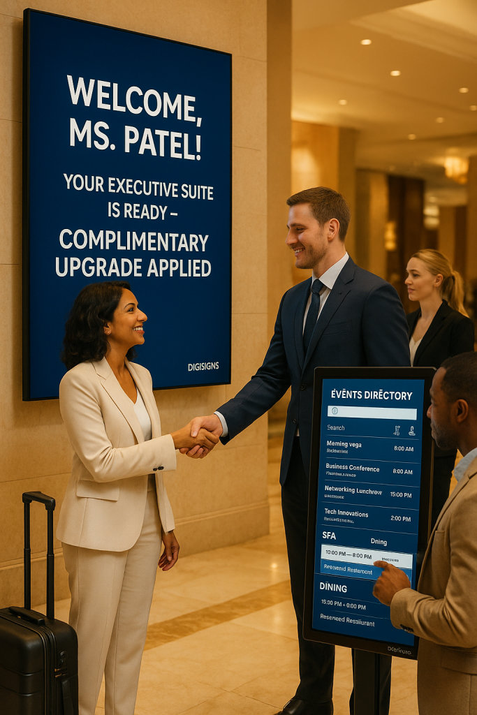 Sustainable digital signage Digisigns promoting green practices in hotel lobby to enhance guest experience.