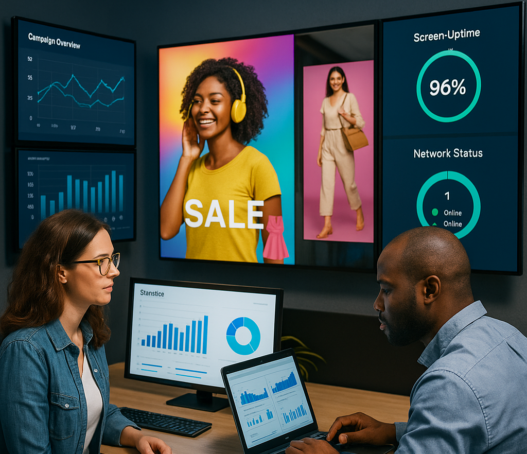 A modern digital signage control room where two professionals of diverse backgrounds collaborate at a desk, analyzing real-time data and vibrant digital displays that show ads and performance dashboards, symbolizing teamwork, reliability, and inclusive technology.
